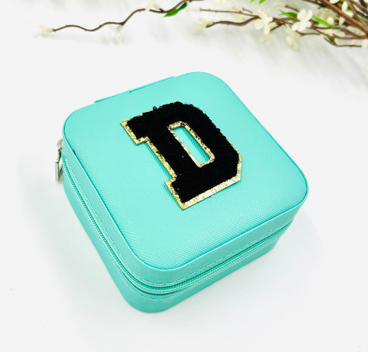 Turquoise Jewelry Box with Black Chenille Letter Patch