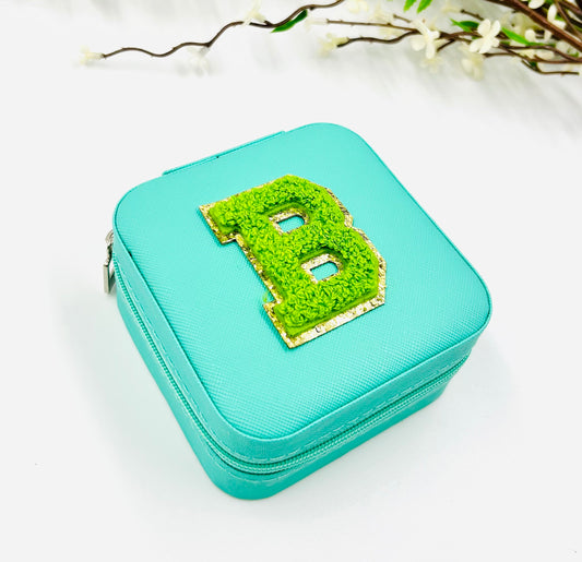 Turquoise Jewelry Box with Green Chenille Letter Patch