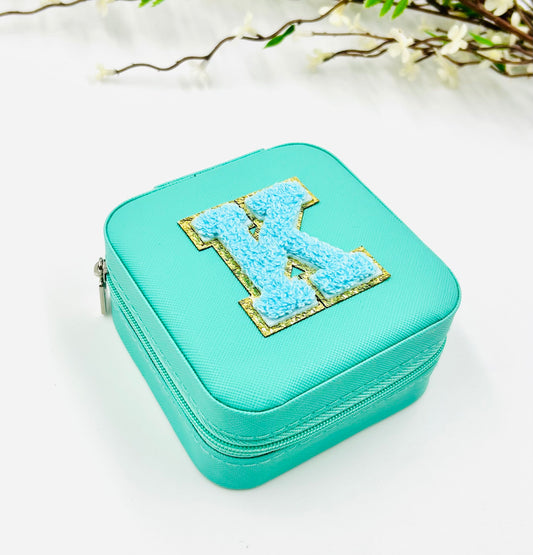 Turquoise Jewelry Box with Mint Chenille Letter Patch