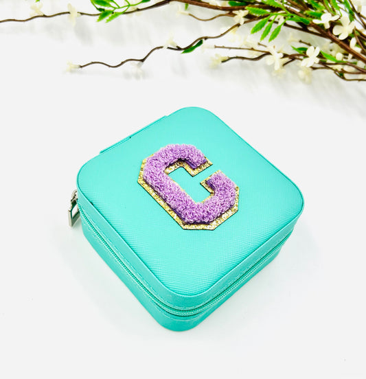 Turquoise Jewelry Box with Purple Chenille Letter Patch