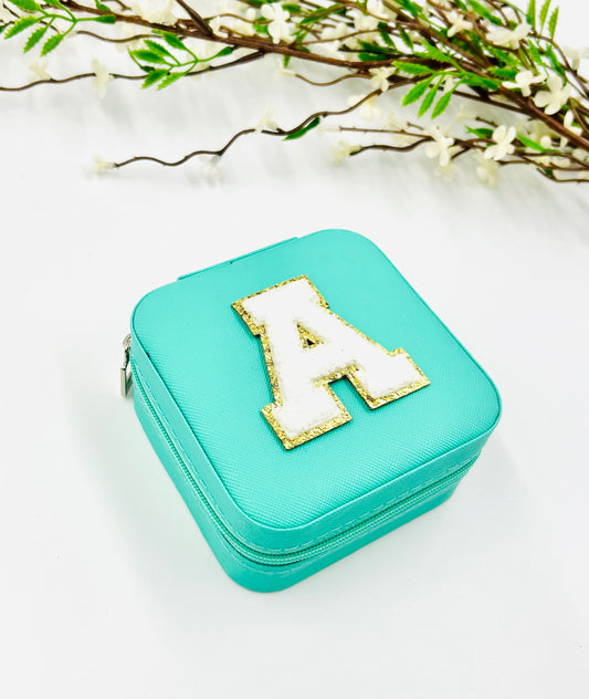 Turquoise Jewelry Box with White Chenille Letter Patch