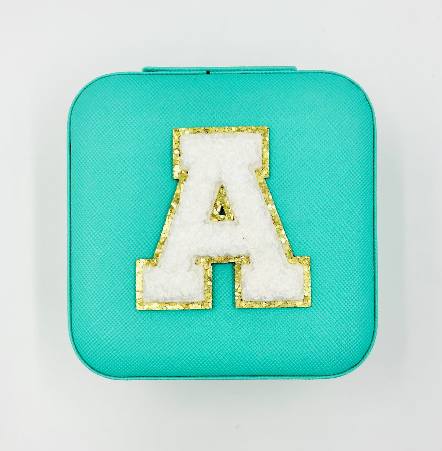Turquoise Jewelry Box with White Chenille Letter Patch