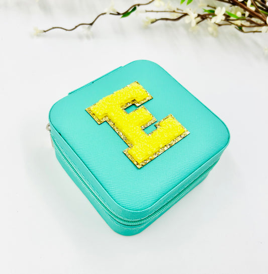 Turquoise Jewelry Box with Yellow Chenille Letter Patch
