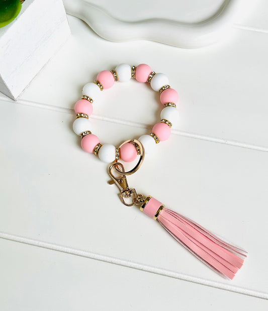 Rhinestone Pink and White Silicone Keychain Bracelet