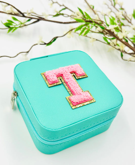 Turquoise Jewelry Box with Pink Chenille Patch