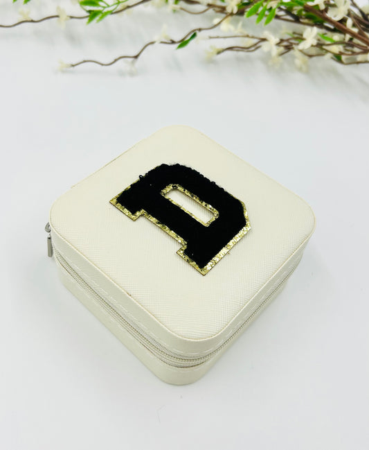 White Travel Jewelry Box with Black Chenille Letter Patch