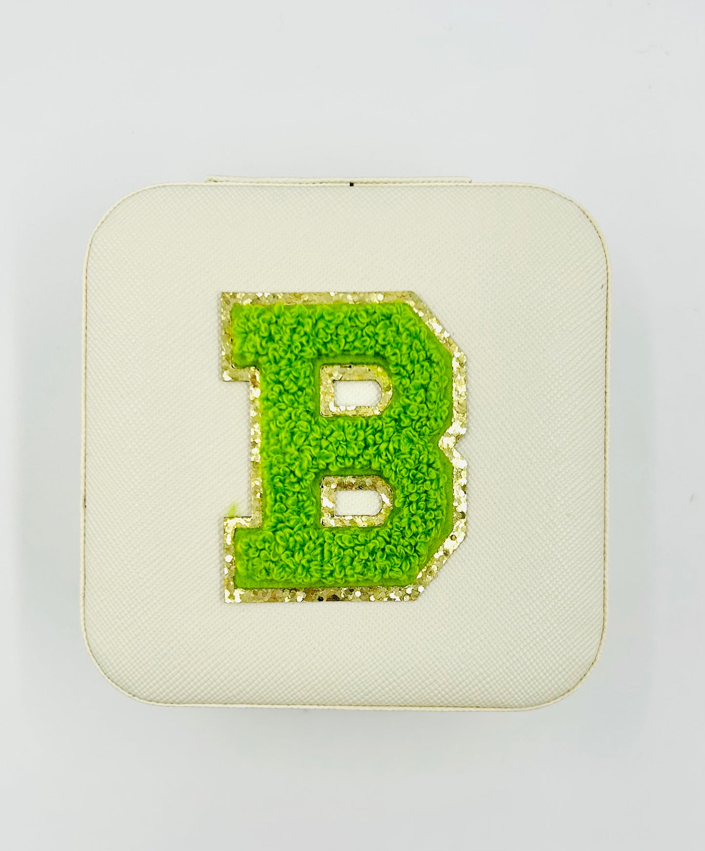 White Travel Jewelry Box with Green Chenille Letter Patch