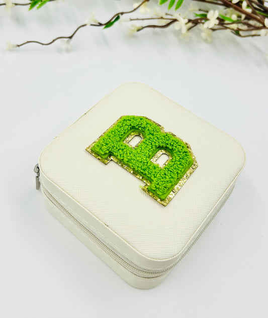 White Travel Jewelry Box with Green Chenille Letter Patch