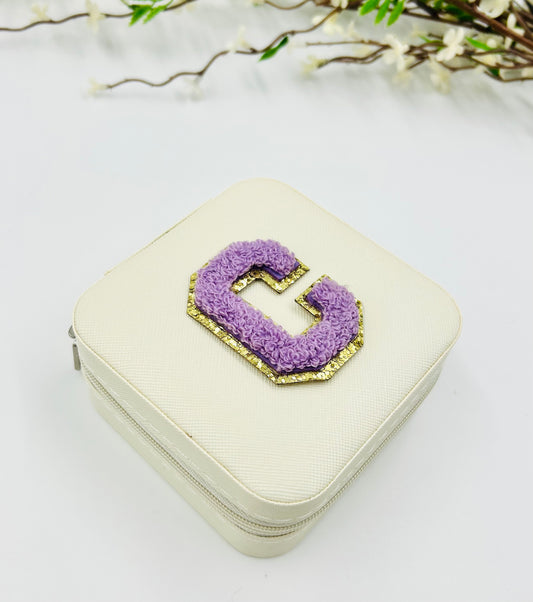 White Travel Jewelry Box with Purple Chenille Letter Patch
