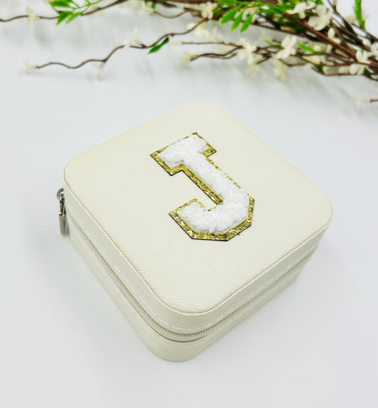 White Travel Jewelry Box with White Chenille Letter Patch