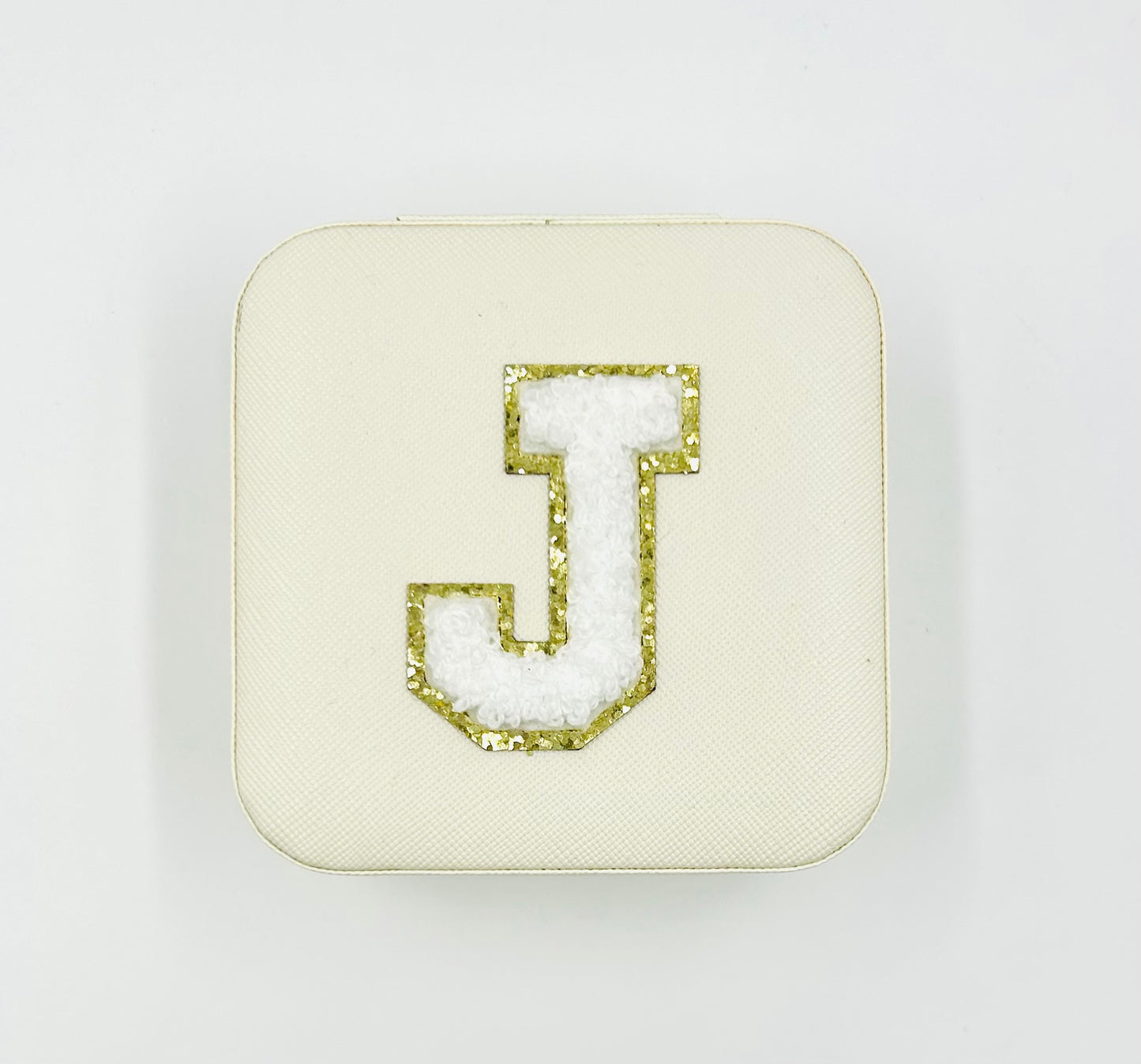 White Travel Jewelry Box with White Chenille Letter Patch