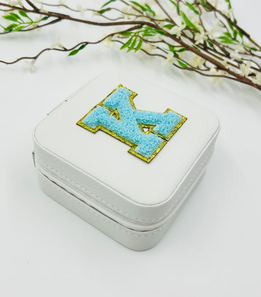 White Travel Jewelry Box with Mint Chenille Letter Patch