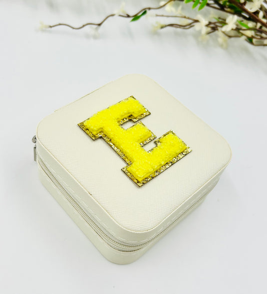 White Travel Jewelry Box with Yellow Chenille Letter Patch